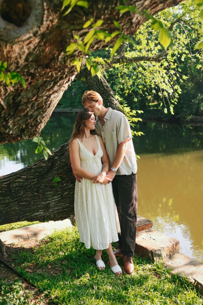 Romantic engagement portrait of Amelia and Jared at Lakeside Park in Dallas